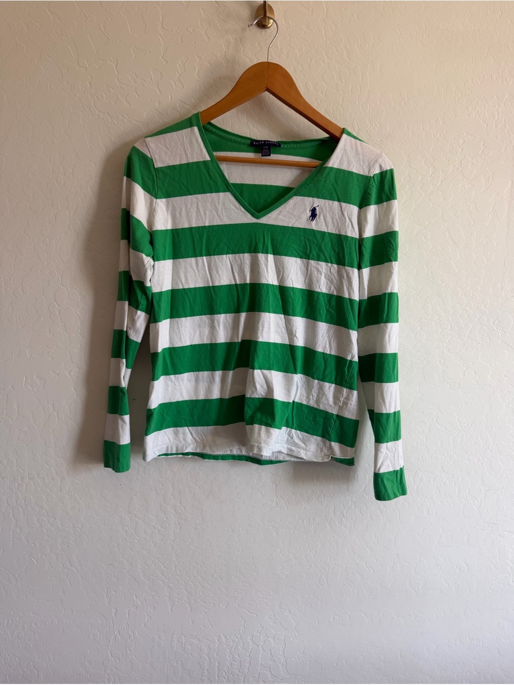 Ralph Lauren Green White Striped V-Neck Long Sleeve Tee Shirt Pony Logo L